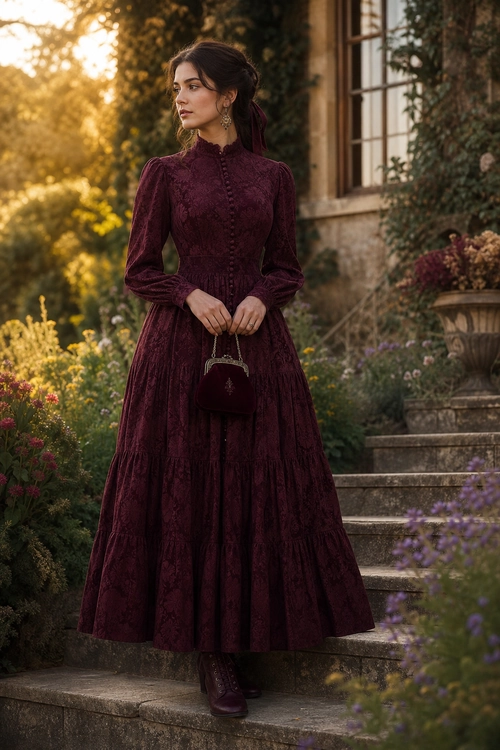 A woman wears a long burgundy high-neck dress with puffed sleeves, a small matching handbag, and ankle boots on garden steps.