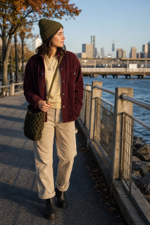 A casual autumn outfit featuring a burgundy jacket, cream top, beige cuffed trousers, olive beanie and bag, and black ankle boots.