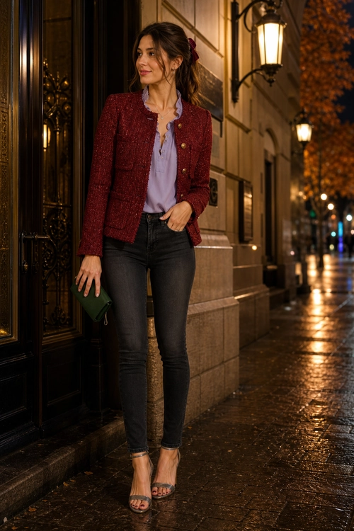 Burgundy Jacket and Dark Jeans Outfit A woman wears a burgundy textured jacket over a lavender blouse with dark skinny jeans, neutral strappy heels, and a green clutch.
