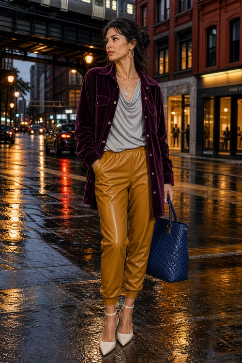 A woman wears a burgundy button-front jacket over a draped gray top with mustard leather jogger-style pants, white pointed-toe heels, and a navy quilted tote.