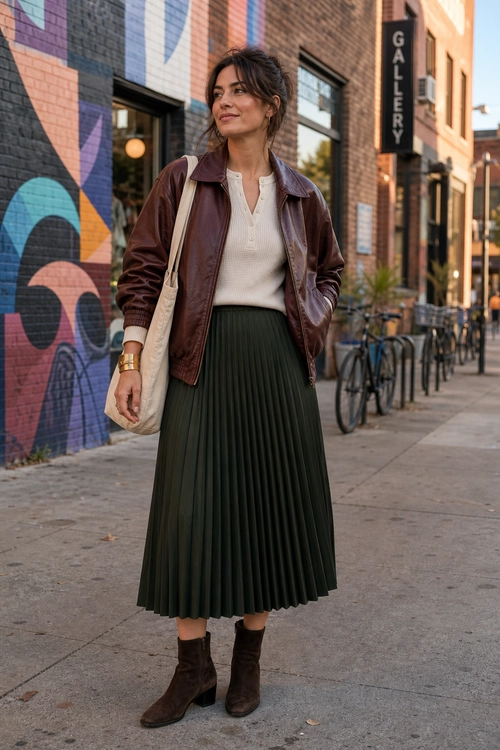 A woman wears a burgundy leather jacket, cream knit top, dark olive pleated midi skirt, brown ankle boots, and a cream shoulder bag.
