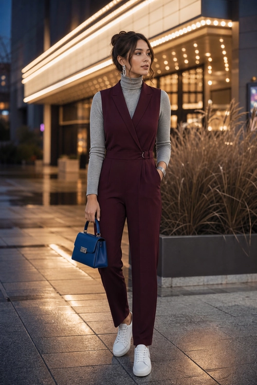 Burgundy Jumpsuit with Gray Turtleneck A woman wears a burgundy belted jumpsuit over a gray turtleneck with white sneakers and carries a blue handbag.