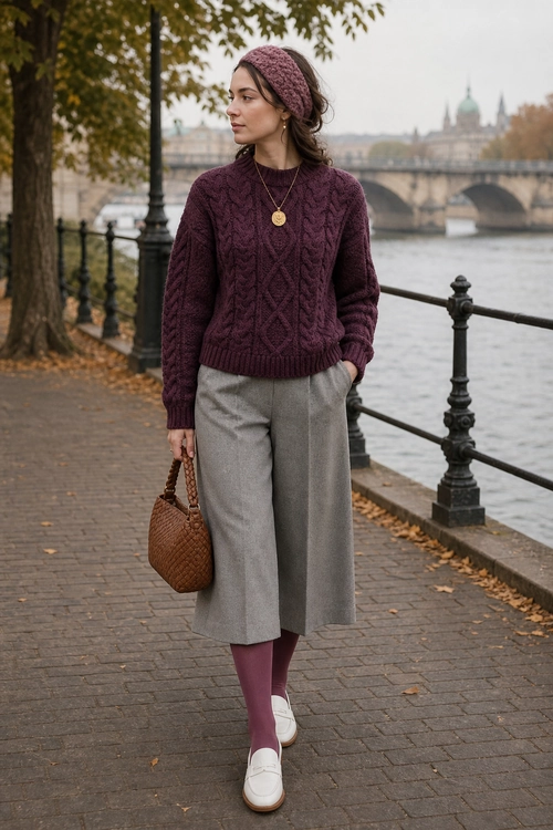 Burgundy Knit Sweater and Gray Trousers A woman wears a burgundy cable-knit sweater with a matching headband, gray cropped trousers, burgundy tights, white loafers, and a brown woven handbag.