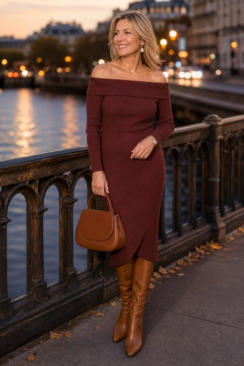 A woman wears a burgundy off-shoulder ribbed midi dress with tan knee-high boots and a matching handbag.