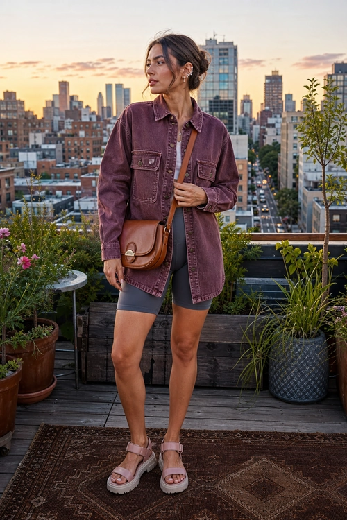 A woman wears a burgundy button-front overshirt with dark fitted shorts, a brown crossbody bag, and pink platform sandals.