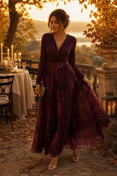 A woman wears a burgundy long-sleeve wrap-style dress with a flowing pleated skirt, metallic heels, and a small clutch.