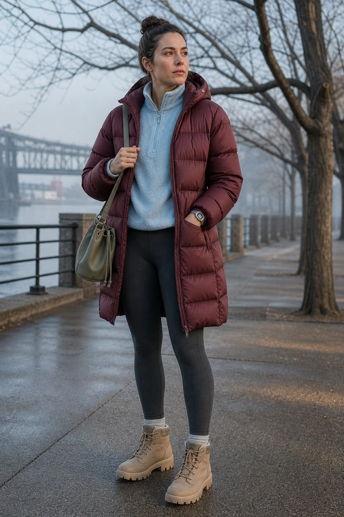 Burgundy Puffer Coat Outfit A woman wears a burgundy long puffer coat over a light blue zip-neck sweater with black leggings, beige lace-up boots, and an olive shoulder bag.