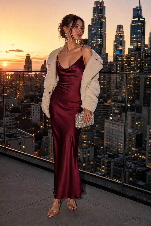 A woman wears a burgundy satin cowl-neck maxi dress with a cream teddy jacket, metallic strappy sandals, and a beaded clutch.