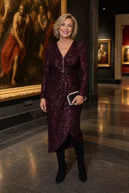 Burgundy Sequin Wrap Dress A woman wears a burgundy sequin wrap-style dress with black knee-high boots, a black embellished clutch, and a delicate necklace.