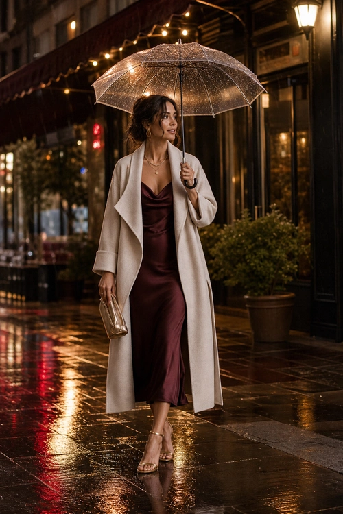 A woman wears a burgundy satin slip dress with a long cream coat, strappy heels, a clutch, and a clear umbrella on a rainy evening street.