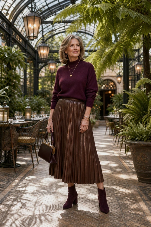 Woman wearing a burgundy high-neck sweater with a brown pleated midi skirt, matching ankle boots, and a structured handbag.