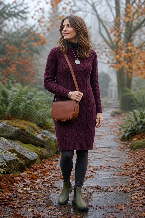 Burgundy Sweater Dress Outfit Woman wearing a burgundy cable-knit sweater dress with black tights, olive ankle boots, and a brown crossbody bag on a leafy woodland path.
