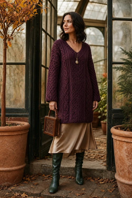Burgundy Sweater and Satin Skirt Outfit A woman wears a burgundy cable-knit sweater over a bronze satin midi skirt with dark green knee-high boots and a small brown handbag.