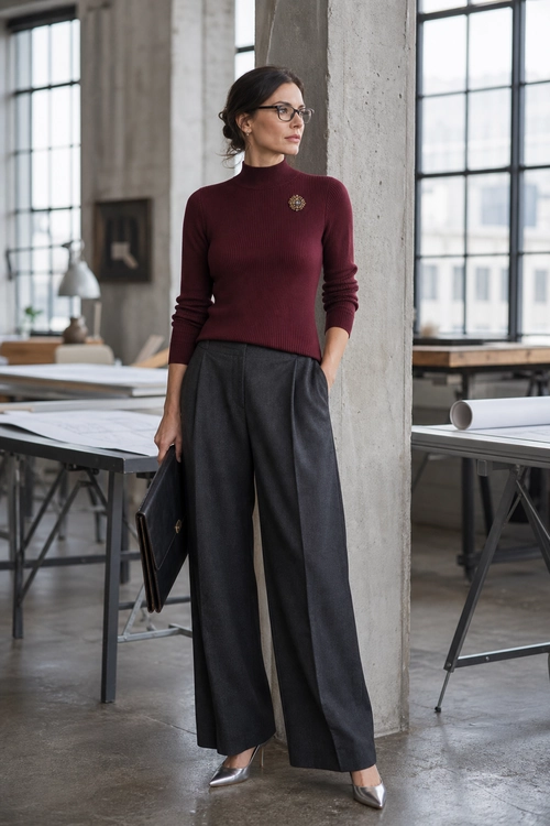 Burgundy Sweater and Wide-Leg Trousers A woman wears a burgundy ribbed mock-neck sweater with charcoal wide-leg trousers, silver pointed shoes, glasses, and a black portfolio.