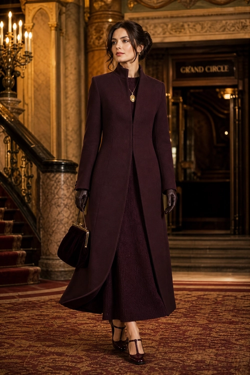 A woman wears a long burgundy tailored coat over a dark midi dress with gloves, a pendant necklace, handbag, and Mary Jane heels.