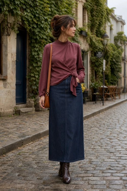 Burgundy Top and Denim Skirt Outfit A woman wears a burgundy long-sleeve tie-front top with a dark denim midi skirt, brown leather shoulder bag, and tall brown boots on a cobblestone street.