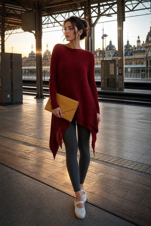 A burgundy asymmetrical ribbed tunic is styled with dark leggings, white strap shoes, and a mustard envelope clutch.