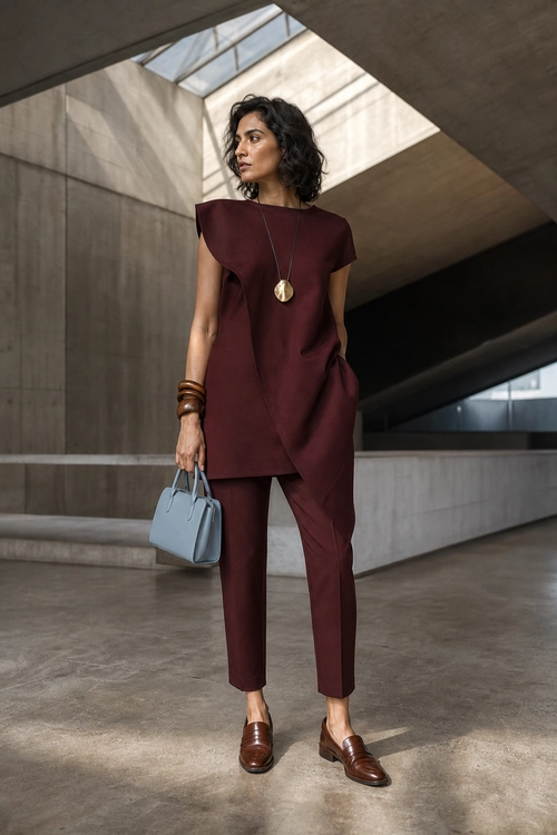 Burgundy Tunic and Trousers Outfit A burgundy tunic top and cropped trousers styled with brown loafers, a blue-gray handbag, a gold pendant necklace, and stacked bracelets.