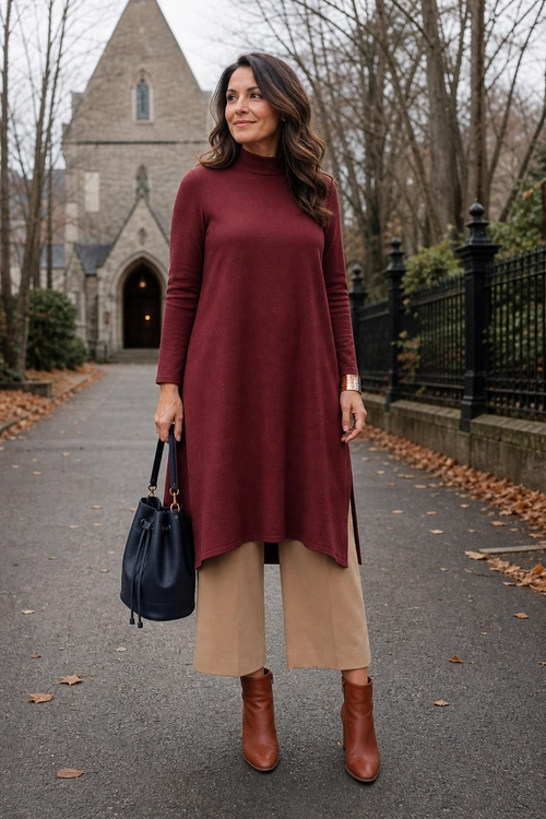 Burgundy Tunic and Wide-Leg Pants Outfit A woman wears a burgundy long-sleeve tunic over beige wide-leg pants with brown ankle boots and a dark handbag.