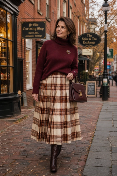 Burgundy Turtleneck and Plaid Midi Skirt A woman wears a burgundy turtleneck sweater with a cream and brown plaid midi skirt, dark knee-high boots, and a matching shoulder bag.