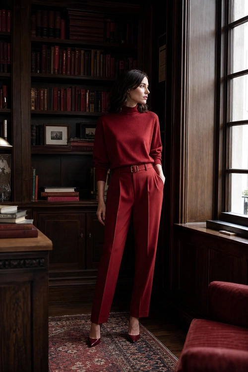 Burgundy Turtleneck and Tailored Trousers A woman wears a burgundy turtleneck with belted high-waisted tailored trousers and matching pointed heels.