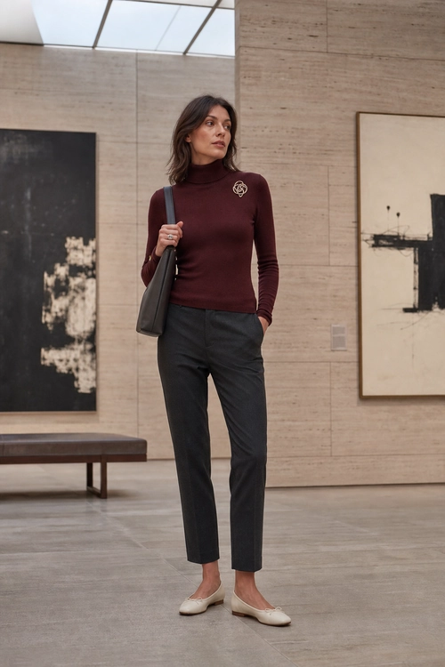 Burgundy Turtleneck and Tailored Trousers A woman wears a burgundy turtleneck with dark tailored trousers, cream flats, a black shoulder bag, and a brooch.