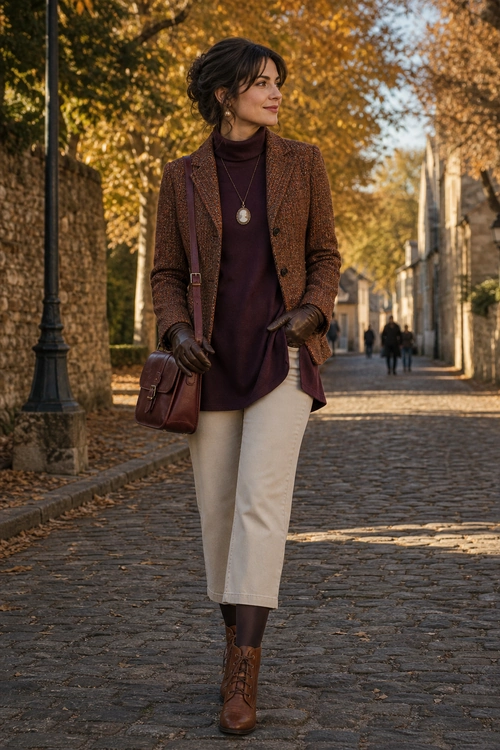 Burgundy Turtleneck and Tweed Blazer Outfit A woman wears a burgundy turtleneck, brown tweed blazer, cream cropped trousers, leather gloves, a crossbody bag, and brown ankle boots.