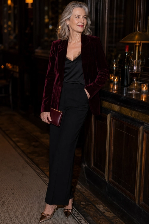 A woman wears a burgundy velvet blazer over a black camisole with black wide-leg trousers, pointed heels, and a matching clutch.