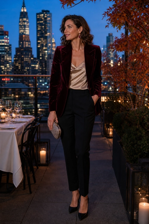 A woman wears a burgundy velvet blazer over a champagne satin camisole with black tailored trousers, pointed pumps, and a metallic clutch.