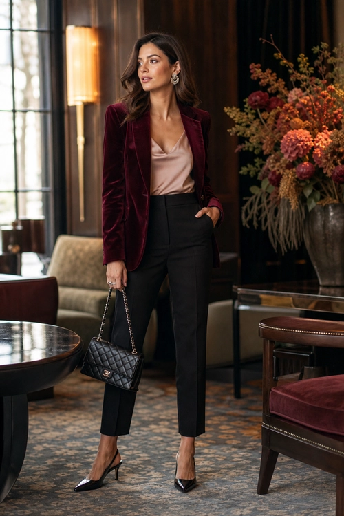 Burgundy Velvet Blazer Outfit A woman wears a burgundy velvet blazer over a champagne camisole with black tailored trousers, pointed pumps, and a quilted chain-strap handbag.