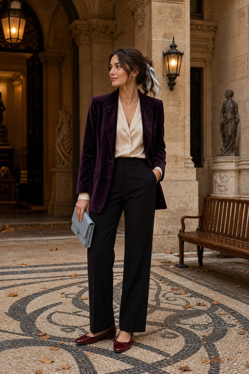 Burgundy Velvet Blazer Outfit A tailored outfit featuring a burgundy velvet blazer, cream blouse, black wide-leg trousers, burgundy flats, and a gray clutch.
