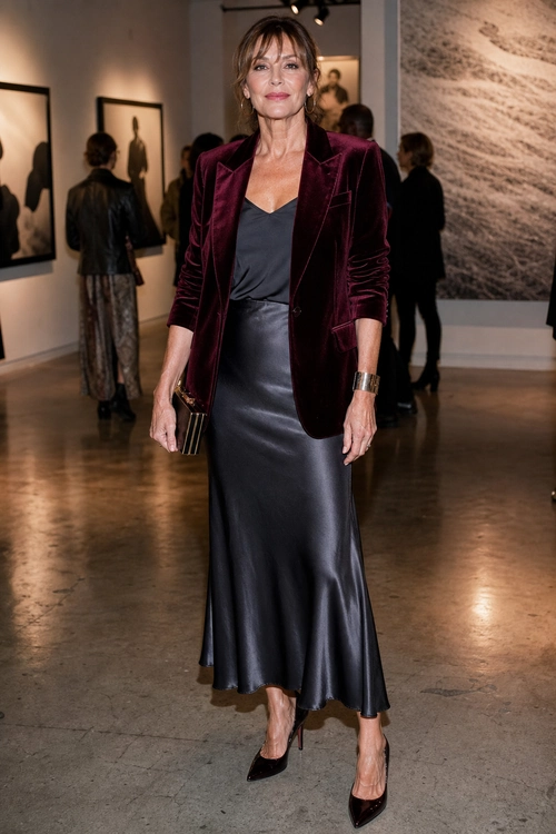 Woman wearing a burgundy velvet blazer with a dark satin top, satin midi skirt, black pointed heels, metallic cuff bracelet, and small clutch.