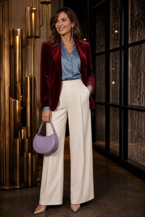 Woman wearing a burgundy velvet blazer, blue blouse, cream wide-leg trousers, nude pointed heels, and carrying a lavender handbag.