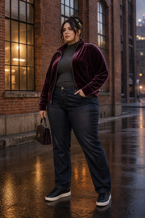 A person wears a burgundy velvet zip jacket over a charcoal high-neck top with dark jeans, black sneakers, and a structured handbag.
