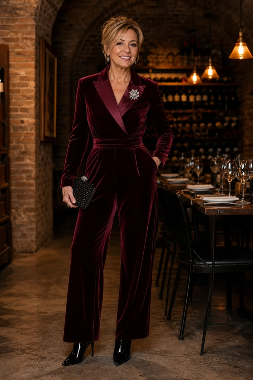 A woman wears a burgundy velvet long-sleeve jumpsuit with a brooch, black clutch, and pointed black boots.