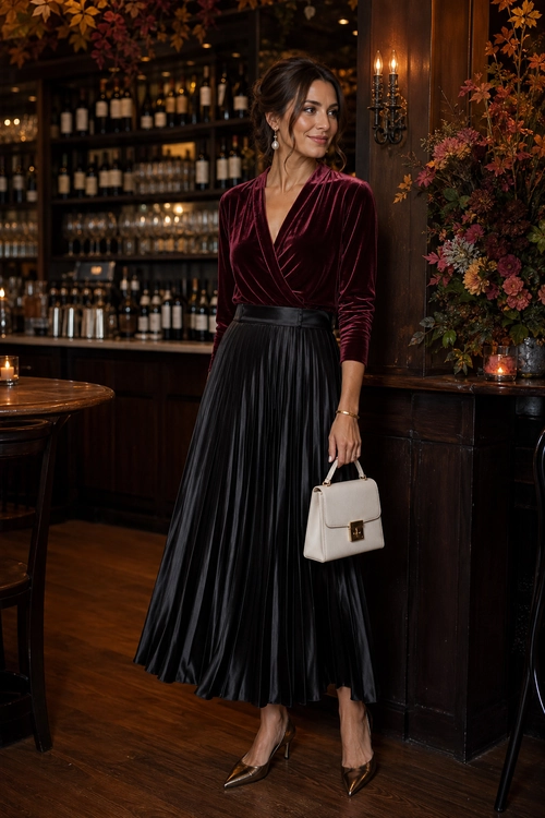 A woman wears a burgundy velvet wrap-style top with a black pleated skirt, pointed heels, and a structured white handbag.