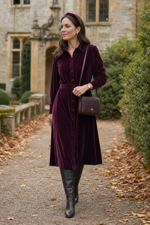 Burgundy Velvet Shirt Dress Outfit Woman wearing a burgundy velvet belted shirt dress with knee-high boots and a crossbody bag.