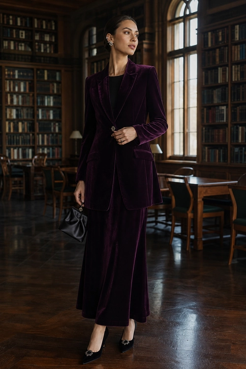 Burgundy Velvet Suit Look A woman wears a deep burgundy velvet blazer and matching long skirt with a black top, pointed heels, and a black handbag.