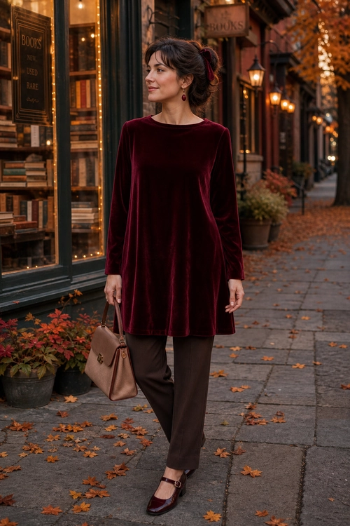 Burgundy Velvet Tunic Outfit A woman wears a burgundy velvet long-sleeve tunic over dark brown trousers with burgundy Mary Jane shoes and a taupe handbag.