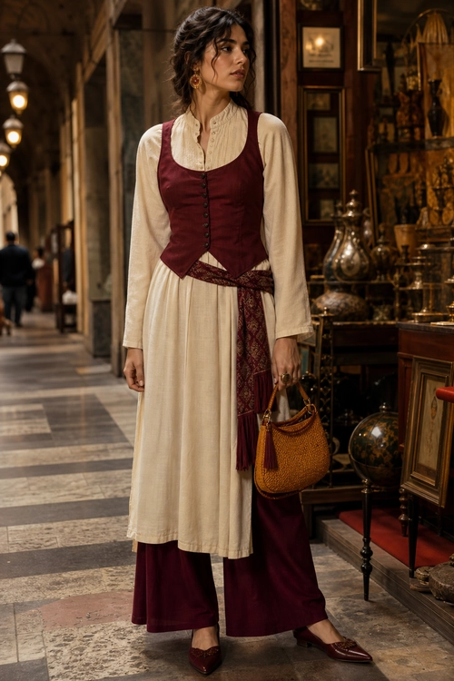 Burgundy Vest and Cream Tunic Outfit A woman wears a cream long-sleeve tunic over burgundy wide-leg trousers with a fitted burgundy vest, patterned sash, woven handbag, and pointed shoes.