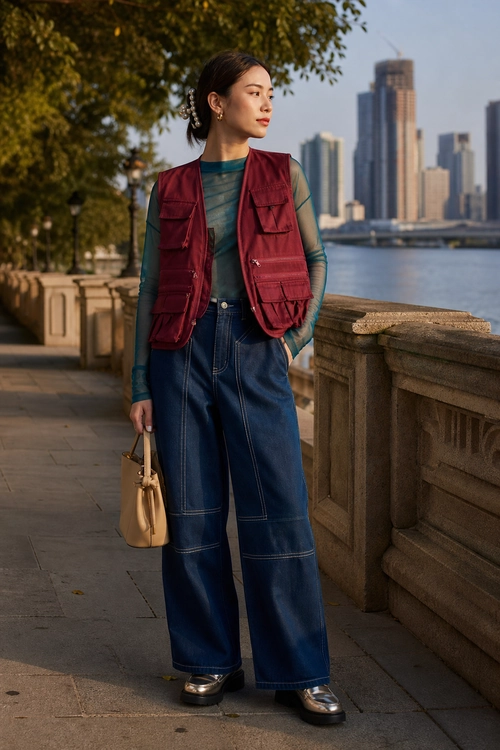 A fashion outfit featuring a burgundy utility vest over a teal long-sleeve top, wide-leg dark denim jeans, loafers, and a beige handbag.
