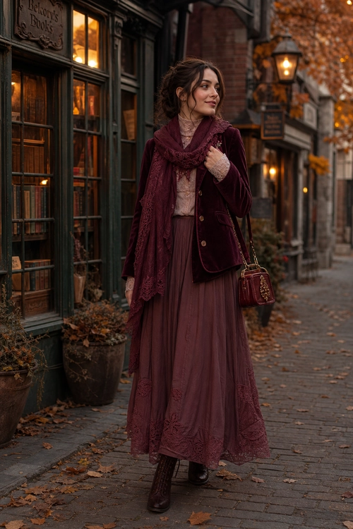 Burgundy Vintage-Inspired Layered Outfit A woman wears a burgundy jacket, patterned scarf, pale pink blouse, long pleated skirt, boots, and a small shoulder bag on a cobblestone street.