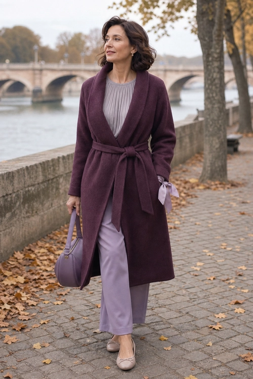 Burgundy Wrap Coat with Lilac Trousers Woman wearing a burgundy belted wrap coat over a pleated gray-lilac top with lilac trousers, a matching handbag, and beige ballet flats.