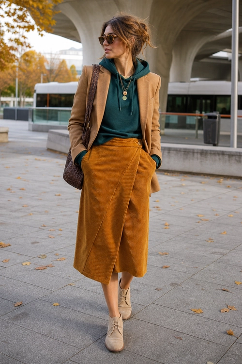 A woman wears a camel blazer over a teal hoodie with a mustard corduroy wrap skirt, beige ankle boots, sunglasses, and a brown shoulder bag.