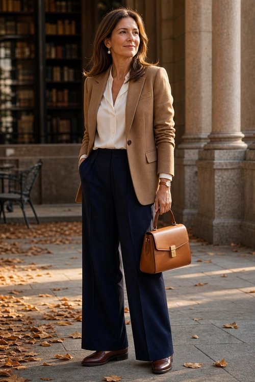 Camel Blazer and Navy Trousers Outfit A polished outfit featuring a camel blazer, white blouse, navy wide-leg trousers, brown loafers, and a structured brown handbag.