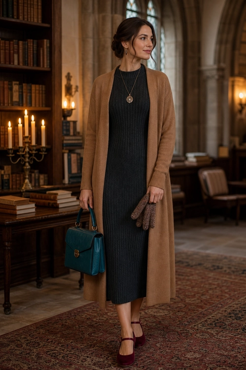Camel Cardigan and Ribbed Midi Dress A woman wears a long camel cardigan over a dark ribbed midi dress with burgundy Mary Jane heels, a teal handbag, gloves, and a pendant necklace.