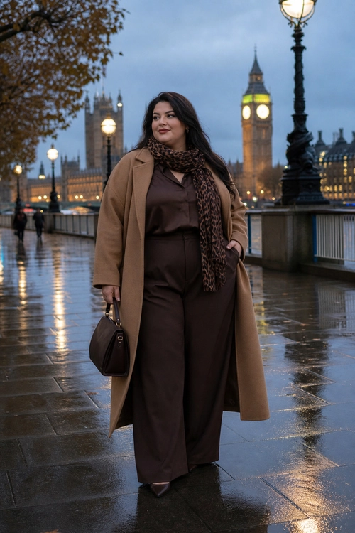 Camel Coat and Brown Trousers A woman wears a camel long coat over a dark brown blouse and wide-leg trousers with a patterned scarf and brown handbag.