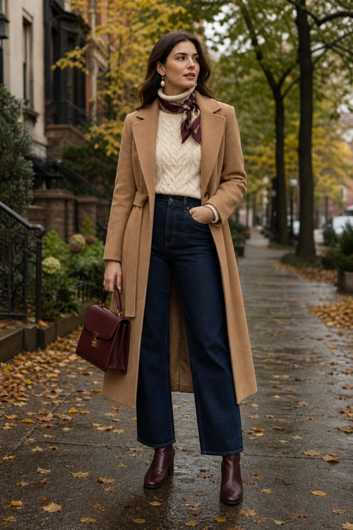 Camel Coat and Burgundy Accessories Outfit A woman wears a camel belted coat over a cream cable-knit sweater with dark wide-leg jeans, burgundy ankle boots, a burgundy scarf, and a matching handbag.