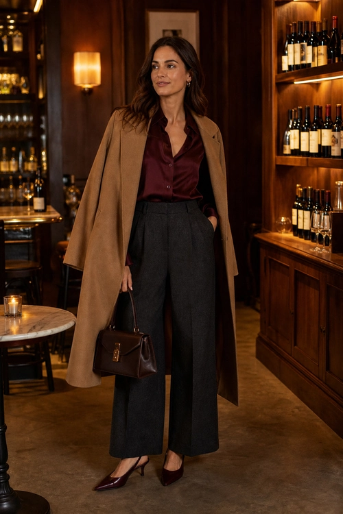 A woman wears a camel coat over a burgundy blouse with charcoal wide-leg trousers, burgundy heels, and a structured brown handbag.