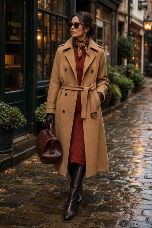 A woman wears a camel belted coat over a burgundy knit dress with a patterned neck scarf, dark brown knee-high boots, sunglasses, gloves, and a leather handbag.